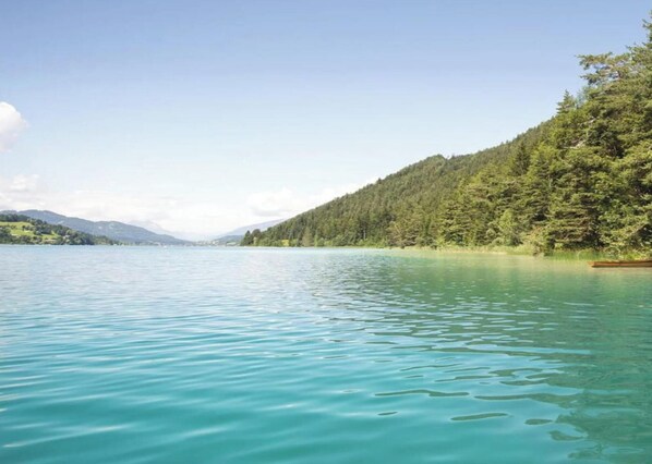 Ein ruhiger See mit klarem Wasser, umgeben von dichtem Wald und fernen Bergen.