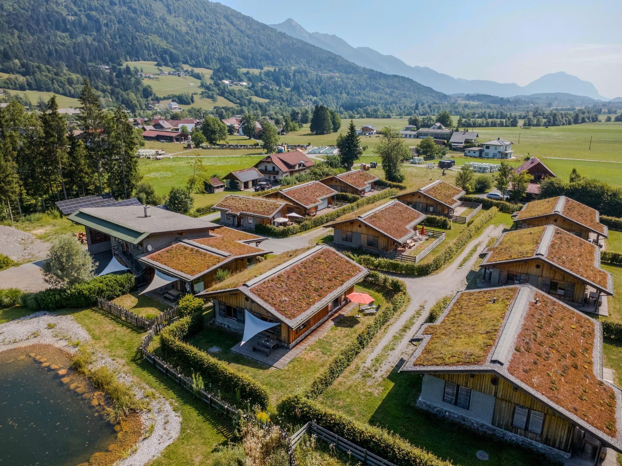 A cluster of modern eco-friendly houses with green roofs, surrounded by lush greenery and a lake.