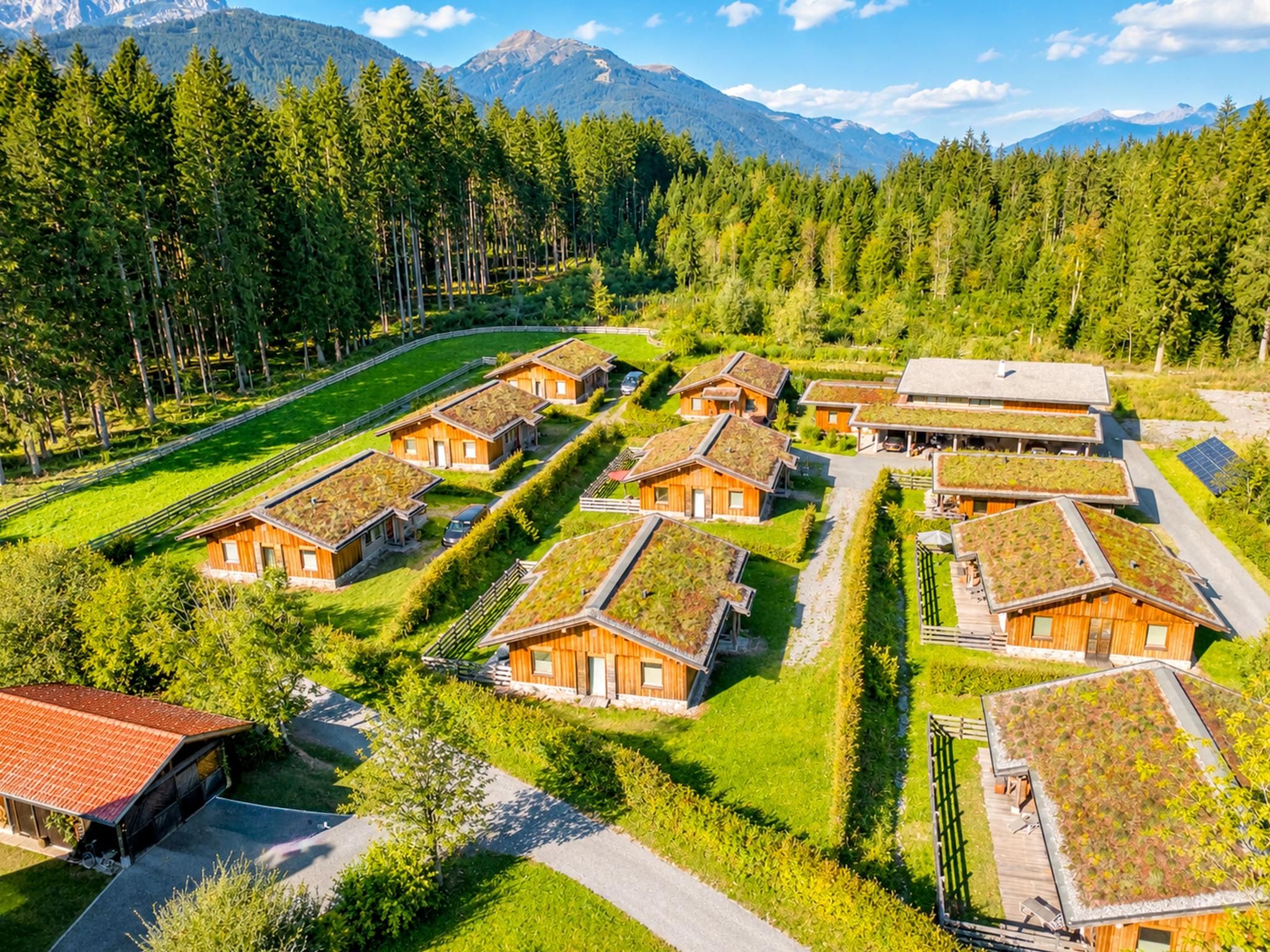 A cluster of wooden cabins with green roofs, surrounded by a well-maintained garden and a forested mountain backdrop.