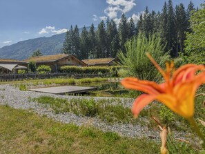 A natural landscape with a wooden cabin, a small pond, and a forested mountain backdrop.