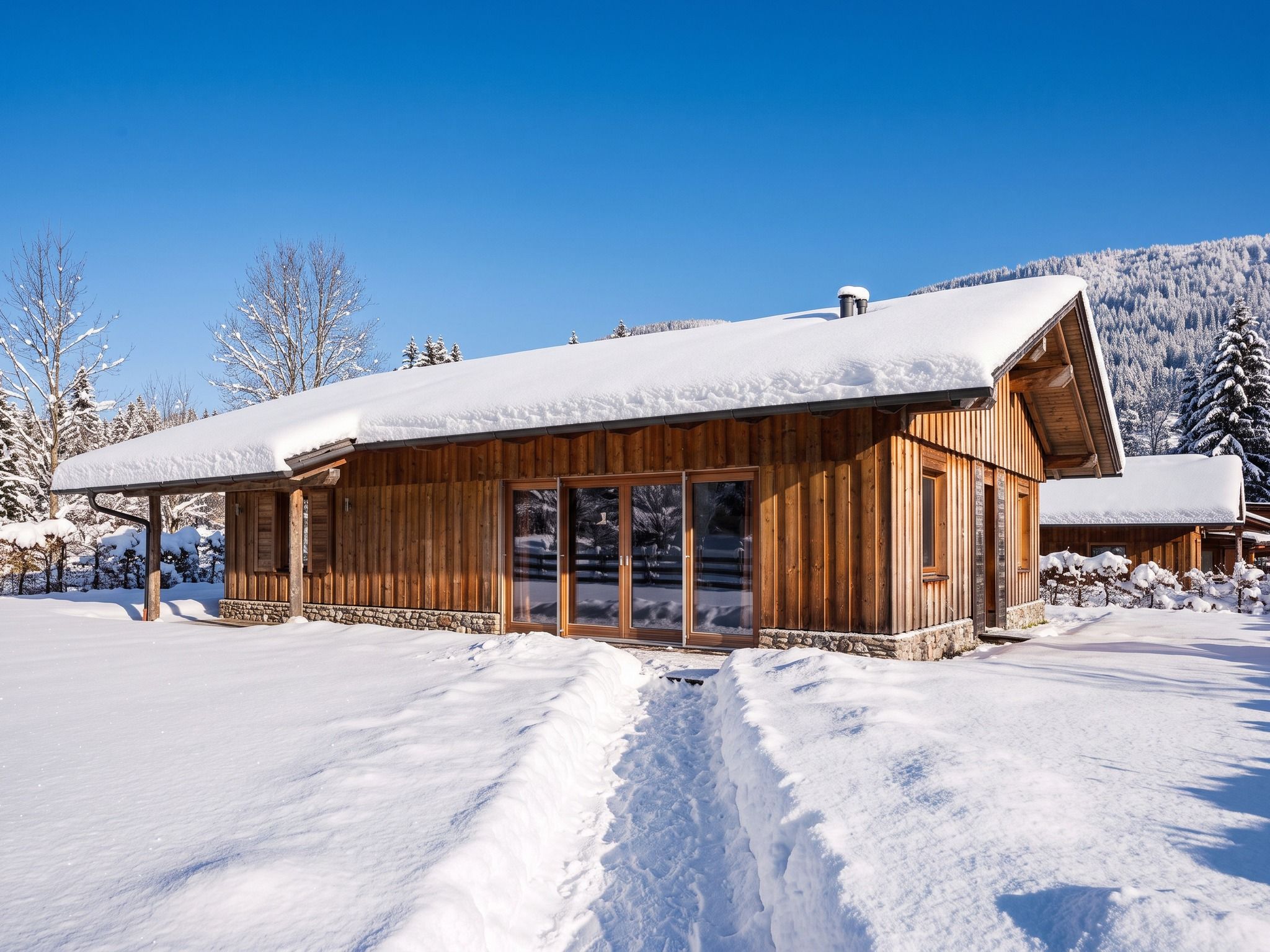A wooden cabin with a snow-covered roof, large windows, and a stone foundation.