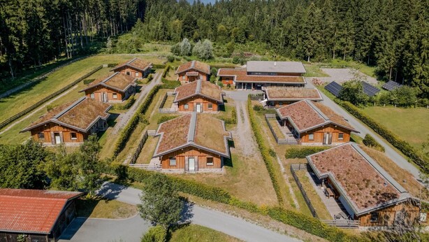 Eine Gruppe Holzhütten mit Strohdächern, umgeben von Wald und Bergen.