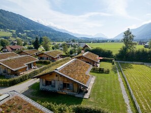 A row of wooden cabins with sloped roofs, surrounded by green fields and mountains in the background. - Chalet with sauna near the Nassfeld region (Hermagor-Pressegger See)