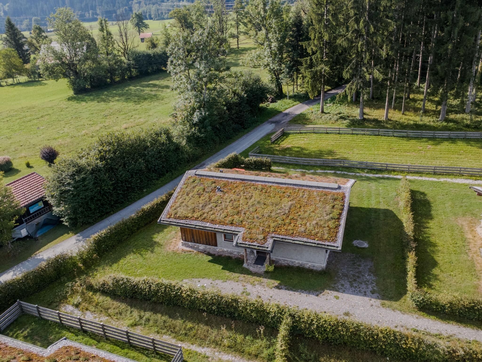 A house with a green roof, surrounded by a well-maintained garden and a fenced property.