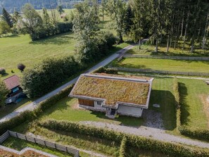 A house with a green roof, surrounded by a well-maintained garden and a fenced property. - Chalet with sauna near the Nassfeld region (Hermagor-Pressegger See)