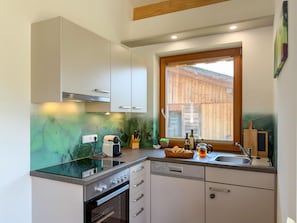 A modern kitchen with a built-in oven, a dishwasher, and a window with a view of a wooden structure outside. - Chalet with infrared sauna for mindful vacation (Hermagor-Pressegger See)