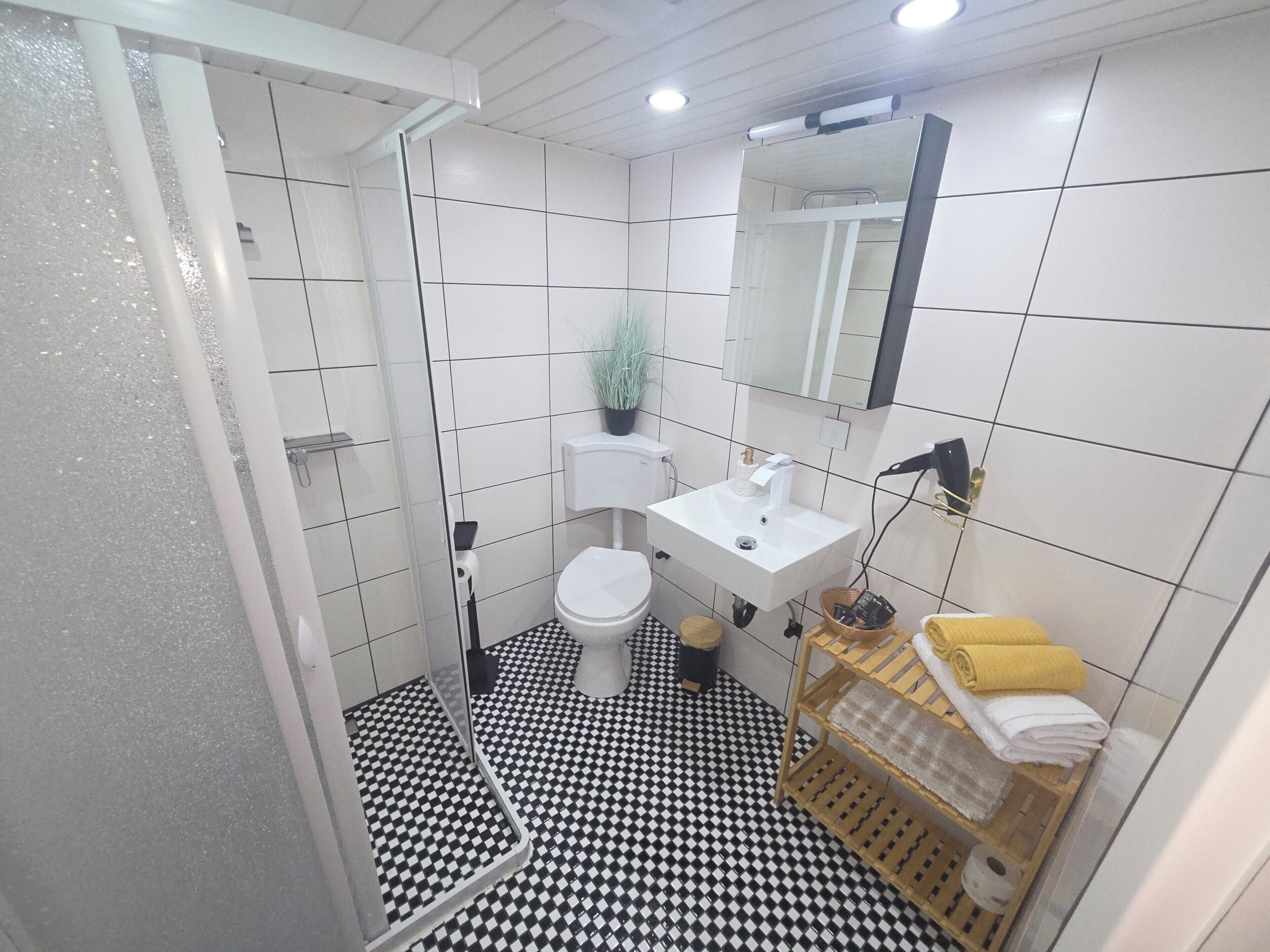 Dusche, Haartrockner, Handtücher, Seife