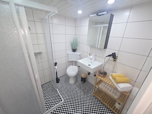 Dusche, Haartrockner, Handtücher, Seife