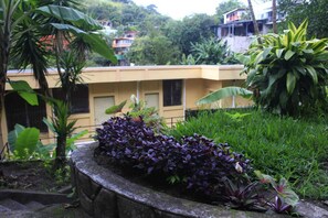 A building with a yellow facade, surrounded by lush greenery and a stone planter with purple foliage.