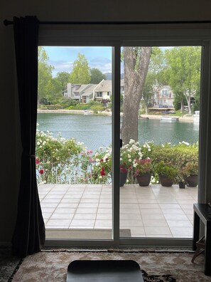 Ein Zimmer mit einer Schiebetür, die auf eine Terrasse mit Topfpflanzen und Blick auf einen See sowie Häuser führt.