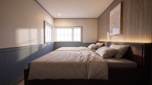 A bedroom with a large bed, a window, and a map on the wall. - ru-e (Kusatsu)