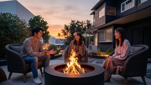 Three people seated around a circular outdoor fire pit with a modern house in the background. - Pension Ruhe  (Kusatsu)