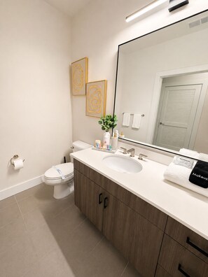 Une salle de bain moderne équipée de toilettes, d’un lavabo, d’un meuble-lavabo et d’un grand miroir.