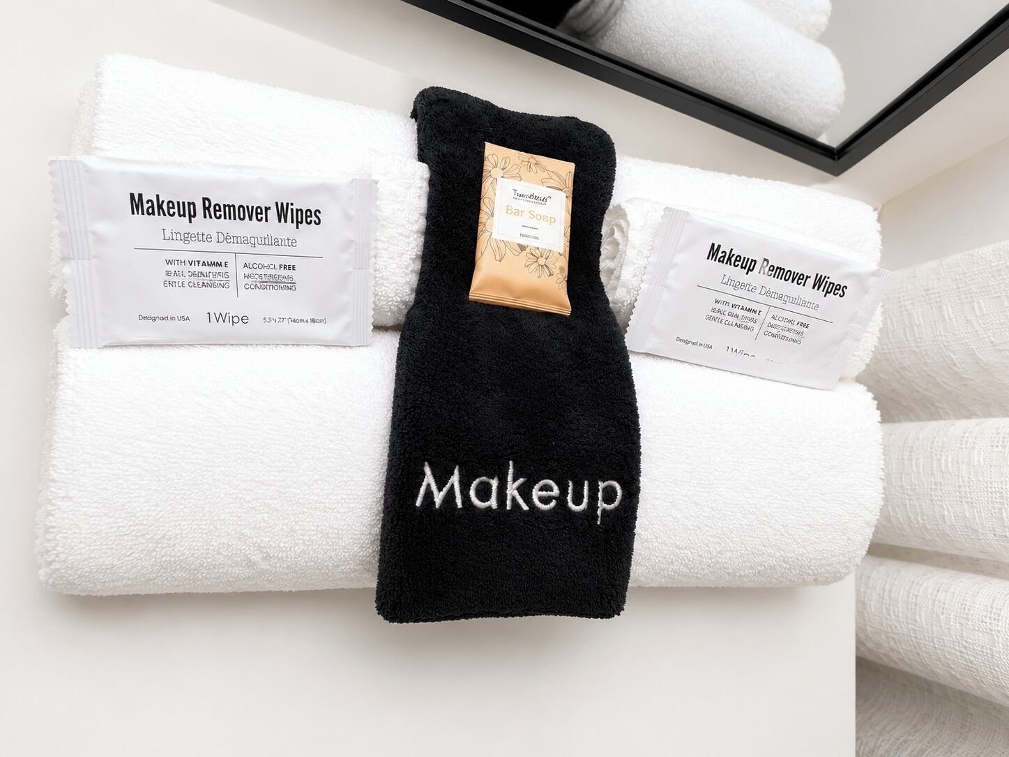Hair dryer, towels, soap, toilet paper