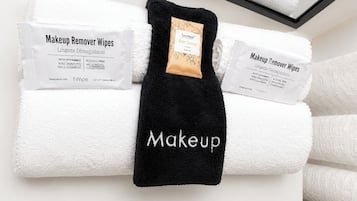 Hair dryer, towels, soap, toilet paper