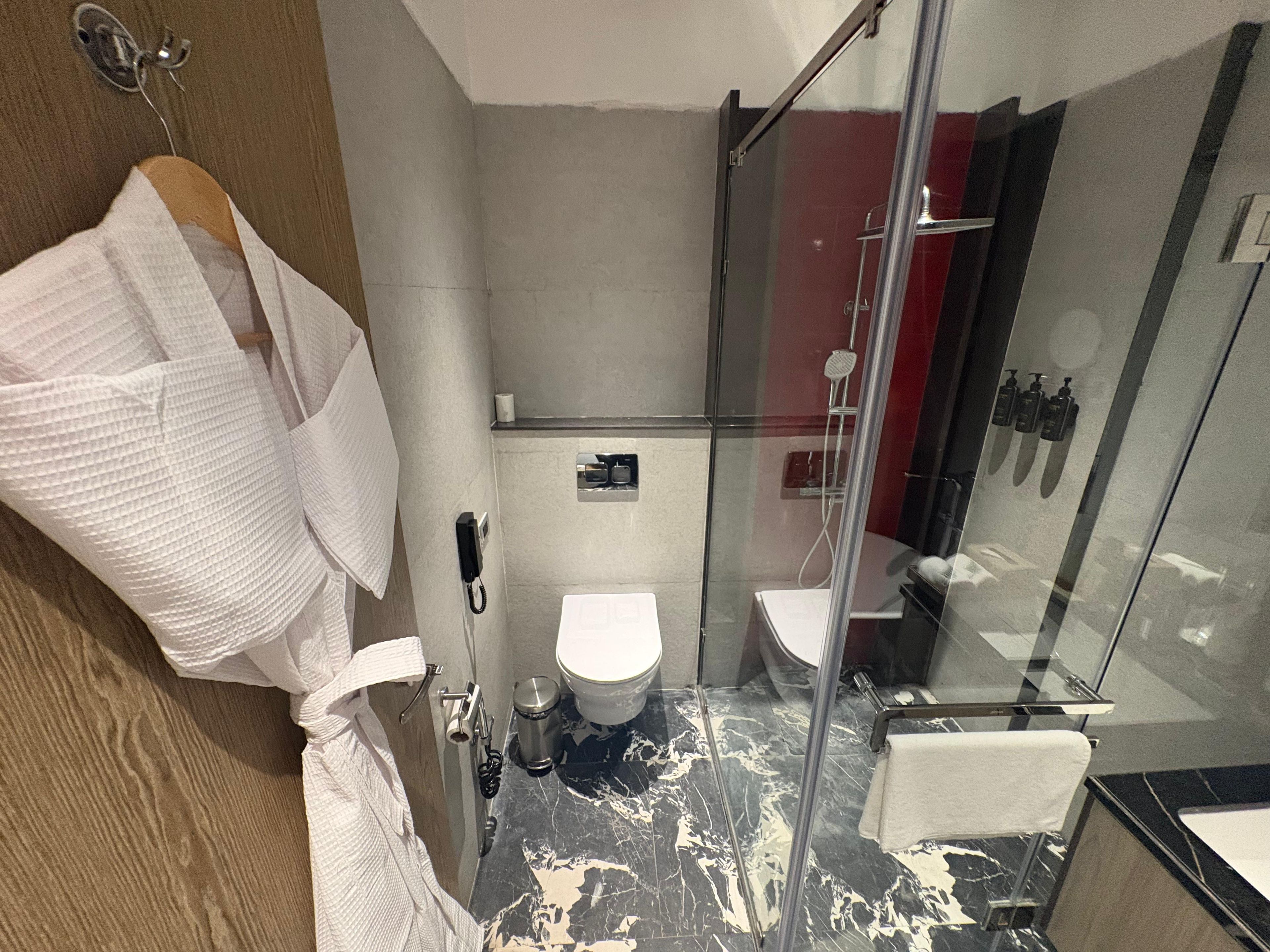 A modern bathroom with a glass-enclosed shower, a toilet, and a bathtub.