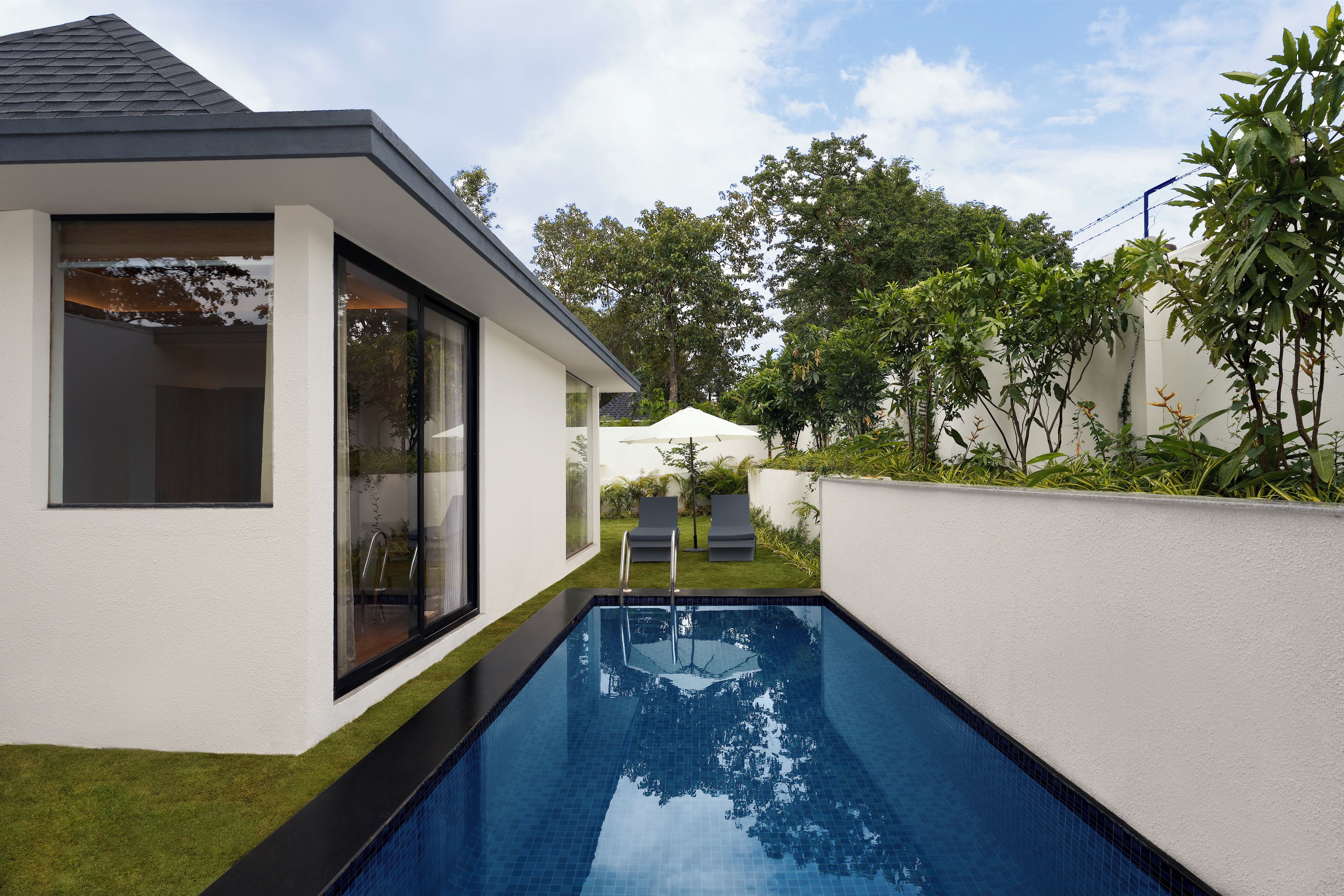 A modern house with a swimming pool, a glass door entrance, and a small garden area.