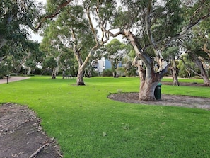 A park with green grass, trees, and a bench.