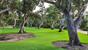 Un parc avec de l’herbe verte, des arbres et une aire de jeux avec des balançoires.