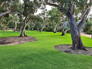 A park with green grass, trees, and a swing set.