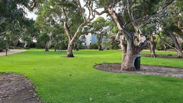 A park with green grass, trees, and a bench.