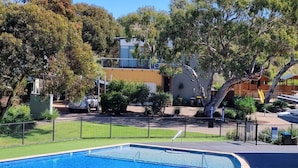 A swimming pool with a curved edge, surrounded by a black fence, trees, and a building in the background.