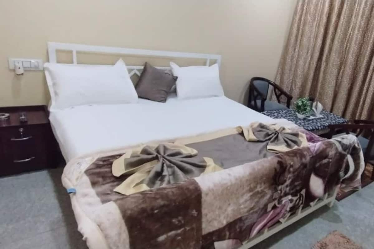 Una habitación de hotel con una cama, una mesita con una planta, una silla y una cortina.