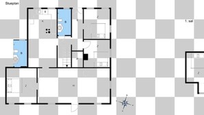 A floor plan with two bedrooms, a bathroom, a kitchen, and a living area. - 4 Star Holiday Home in Ullerslev (Ullerslev)