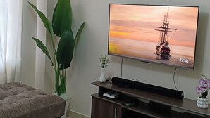 Un soggiorno con una TV a schermo piatto che mostra una scena al tramonto, una pianta in vaso, un tavolino rotondo con un telecomando e un divano trapuntato.