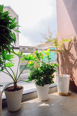 ห้องดีลักซ์, เตียงคิงไซส์ 1 เตียง และโซฟาเบด, ระเบียง, วิวสวนหย่อม | บริเวณที่พัก