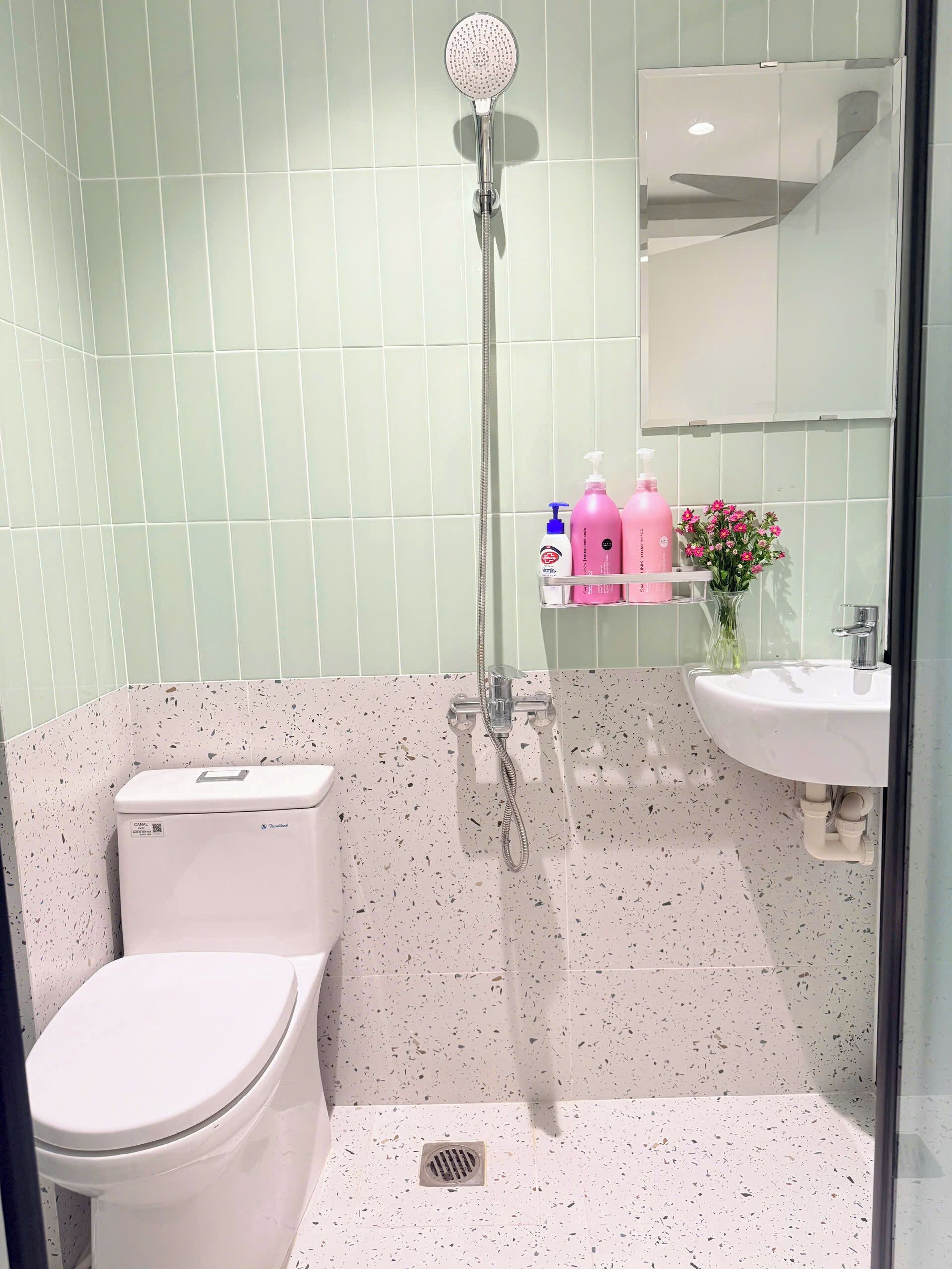 Hair dryer, slippers, towels, soap