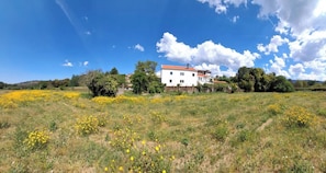 A white building with a red roof, surrounded by a field of yellow flowers and trees.