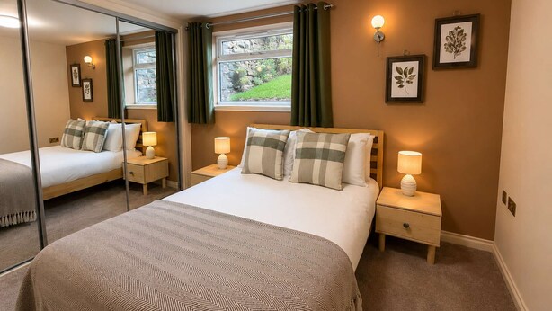A bedroom with a bed, bedside tables, a mirror, a window with curtains, and wall-mounted lights. - Heather & Stone Bothy, Inverness (Inverness)