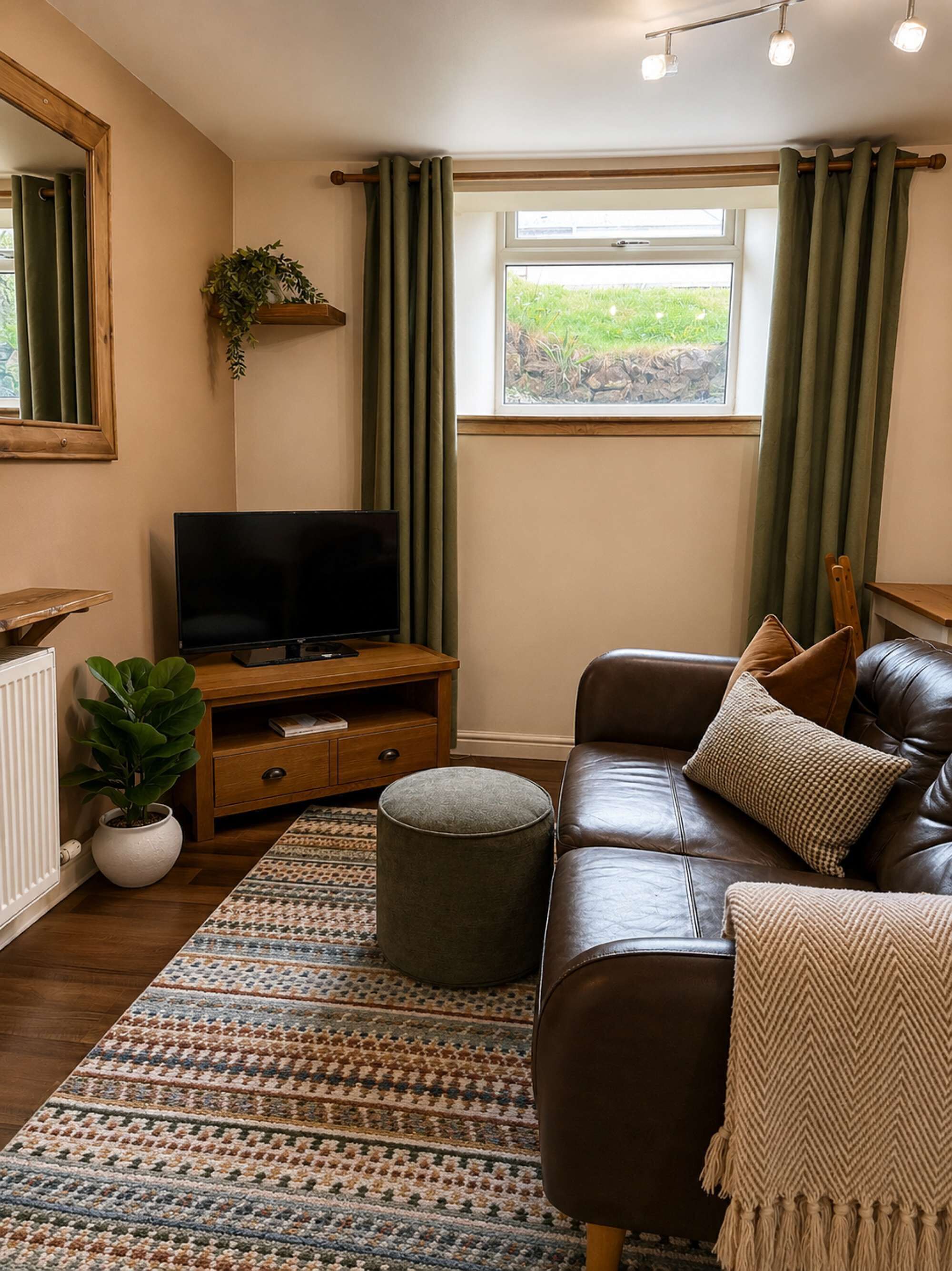 A living room with a leather sofa, ottoman, TV on a wooden stand, a potted plant, and a window with curtains.