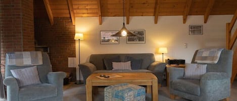 Smart-TV, Kamin, Bücher, Stereoanlage