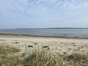 Une plage avec du sable et de l’herbe au premier plan, une mer calme à l’arrière-plan et un ciel dégagé.