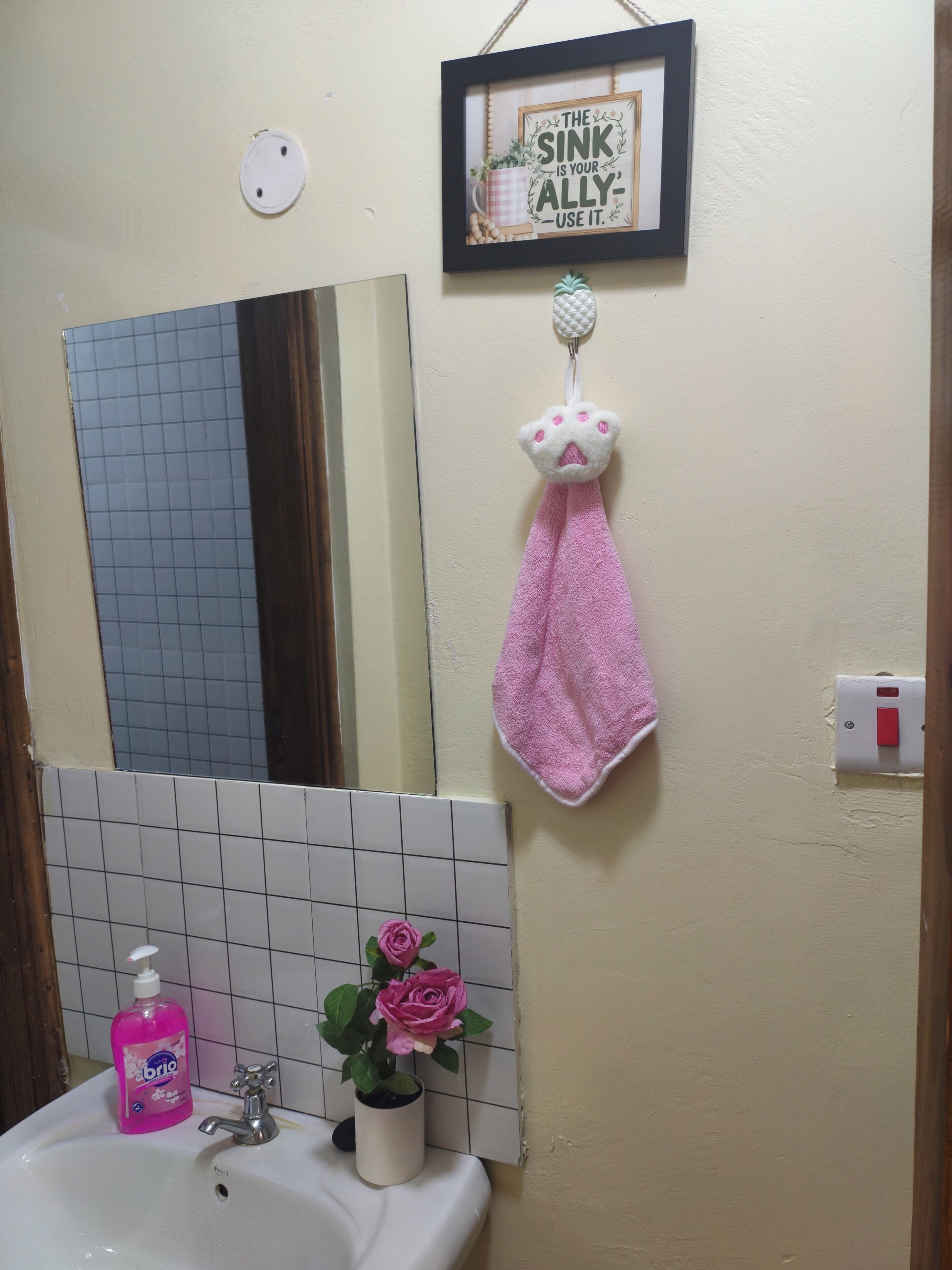 Hair dryer, towels, toilet paper
