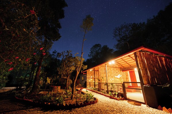 A house with a wooden exterior, a gravel pathway, and a garden with plants and flowers.