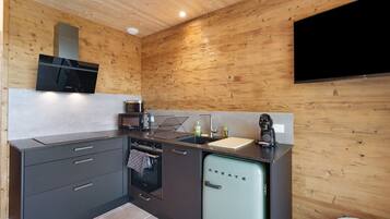 Fridge, microwave, stovetop, coffee/tea maker