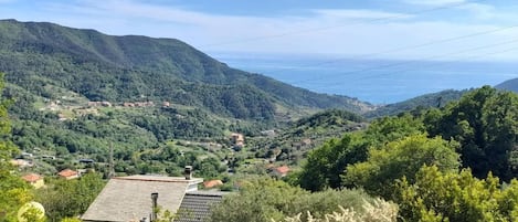 A mountainous landscape with a view of the sea, a house with a tiled roof, and lush greenery.