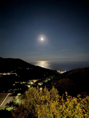 Vista nocturna de un pueblo costero con una luna destacada, colinas y luces de una ciudad distante.