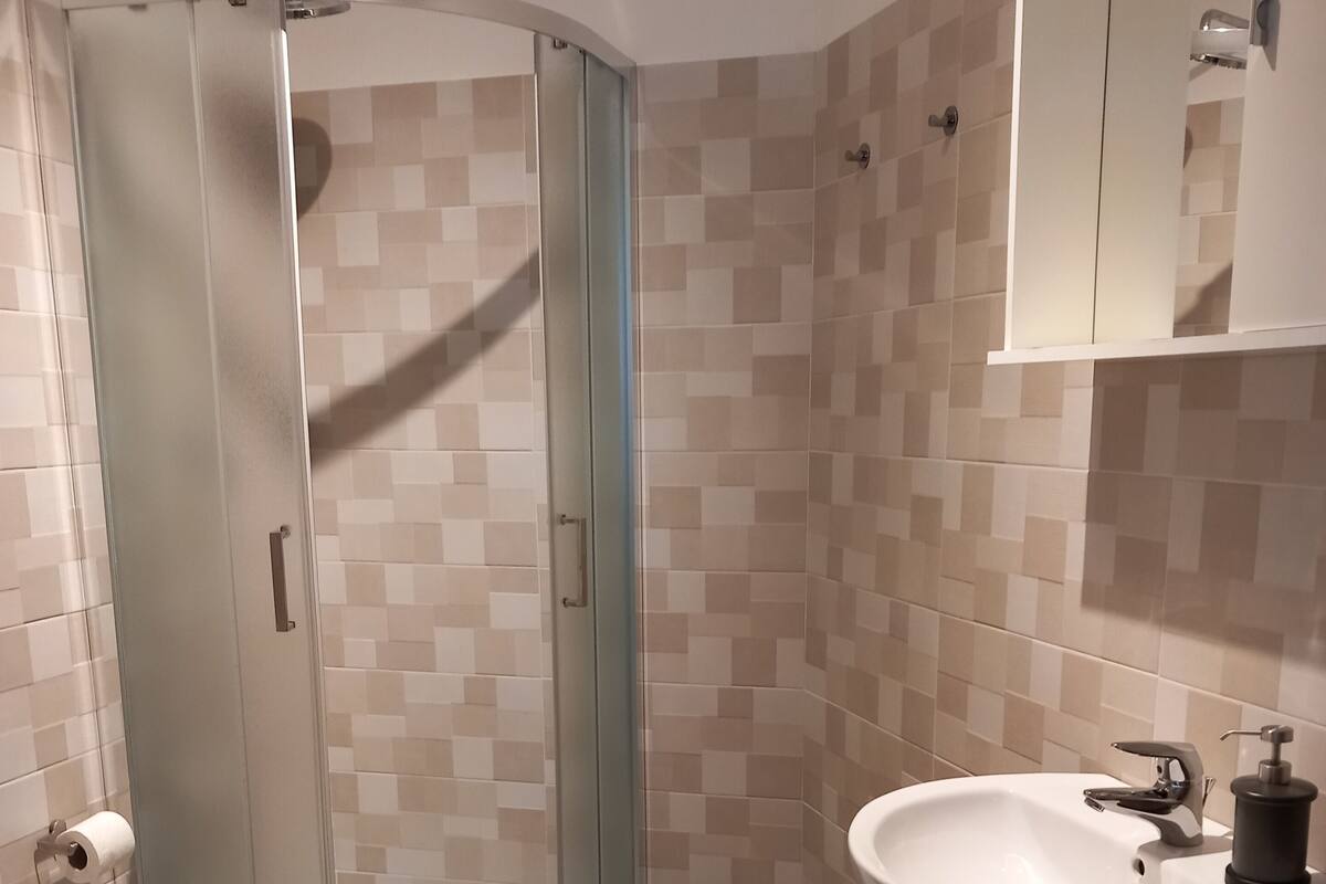 A bathroom with a glass-enclosed shower, a toilet, a sink, and a mirror.