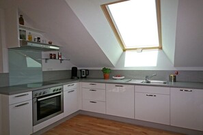 A modern kitchen with a skylight, built-in oven, and white cabinetry. - Holiday apartment with 2 bedrooms (Eigeltingen)