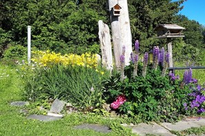 Ein Garten mit einer hölzernen Konstruktion, möglicherweise einem Vogelhaus, umgeben von verschiedenen Pflanzen und Blumen.