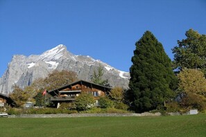 A mountain lodge with a wooden exterior, surrounded by greenery and a snow-capped peak in the background.