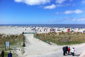 Ein Strand mit einem sandigen Pfad zum Wasser, einem Wegweiser und Personen, die spazieren gehen.