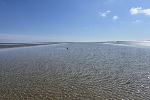 Ein weiter, offener Strand mit klarem Wasser und einer fernen Küste.