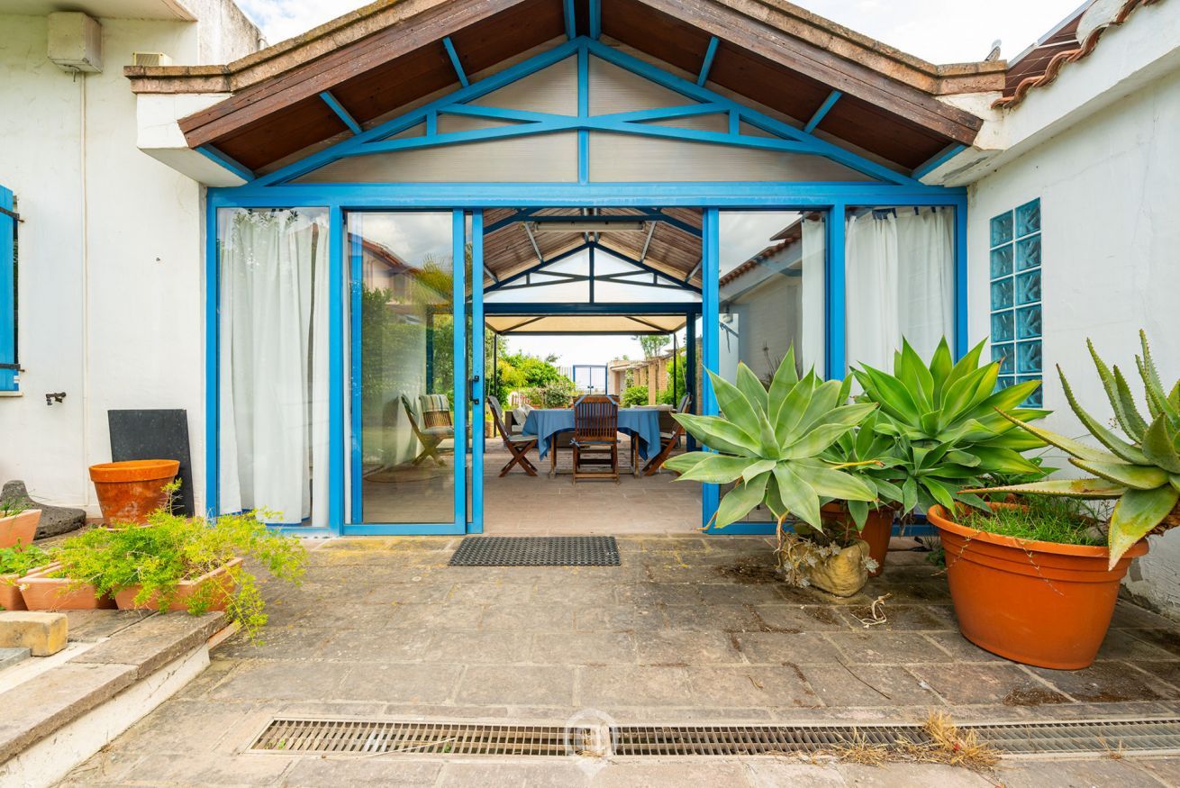 Un acceso cubierto con marco azul, una mesa con sillas y plantas en macetas.
