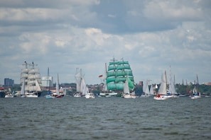 A harbor with multiple sailboats, including a prominent green ship in the center. - Holiday apartment with 1 bedroom (Stoltenberg)