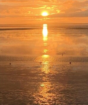 Eine Strandansicht mit Sonnenuntergang, ruhigem Wasser und klarem Himmel.